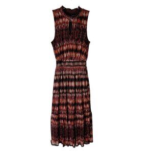 Evereve Smocked Midi Dress Womens Size Small Sleeveless Red Tie Dye Mesh